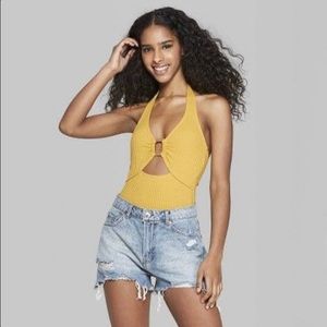 Yellow ribbed halter wooden belt keyhole bodysuit